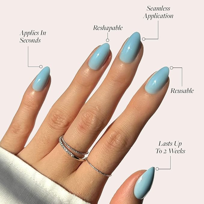 Glamnetic Press On Nails - Soft Blue | Short Almond Blue Fake Nails with Glossy Finish, Salon Quality | 15 Sizes - 30 Nail Kit with Glue