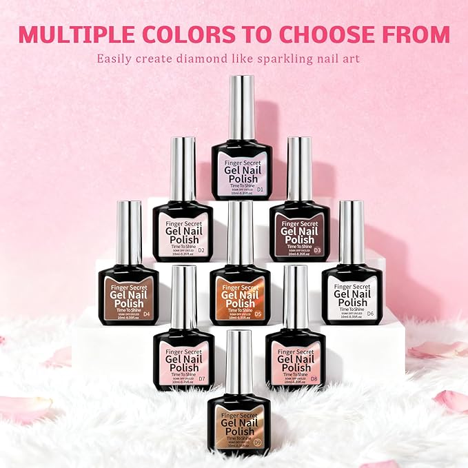 Gel Nail Polish Set, Cat Eye Gel Polish Kit, Holographic Reflective Magnetic Shimmer Glitter Brown White Pink Skin Tones Black Gel, Manicure Salon DIY Gifts, Soak Off, UV/LED Cured (9 Colors D)