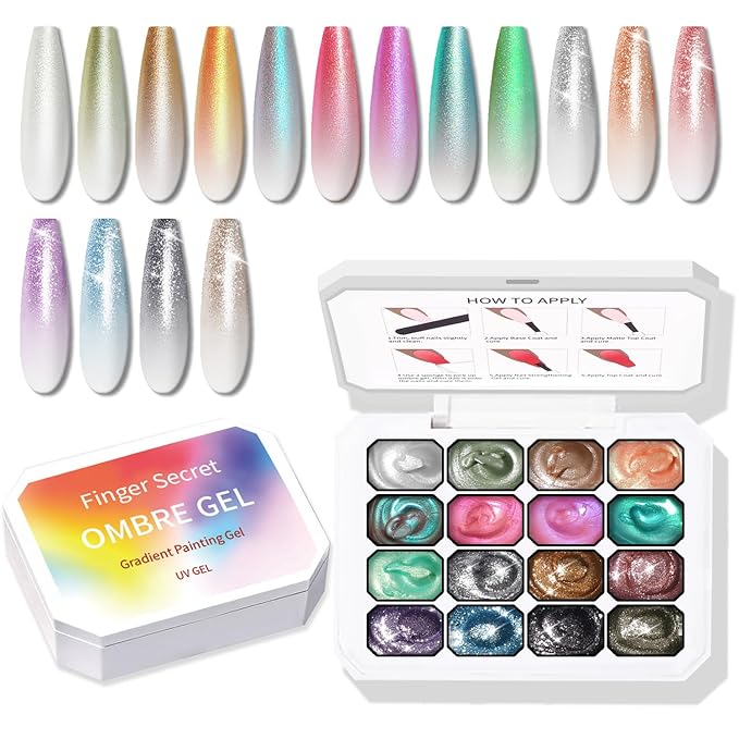Glitter Pat Gel Nail Polish Palette, 16 Colors Blending Ombre Gel Polish Patting Gradient Painting Nails Art, No Wipe, UV/LED Cured, Aurora Mermaid Chrome Holographic (16 Colors E)