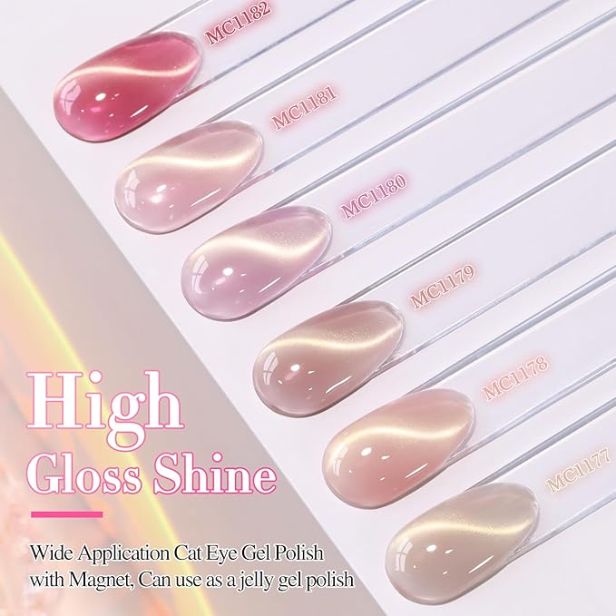 Double Rhythm 6 Colors Cat Eye Gel Polish Set Shimmer Glitter with Magnet Holographic Reflective Magnetic UV Nail Art Kit (6-Kit-51)