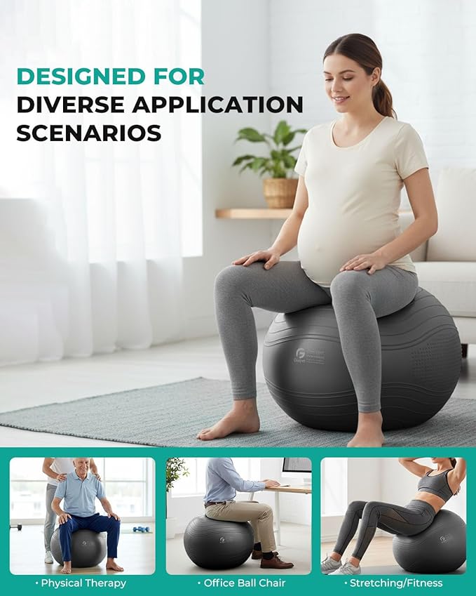 Gruper Yoga Ball, Extra Thick Exercise Ball for Workout Pregnancy Stability - 4 Sizes Anti Burst Balance Ball for Yoga, Pilates, Fitness, Birthing, Physical Therapy - Includes Pump