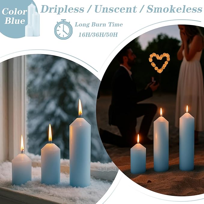 36 Pcs Blue Pillar Candles Bulk Set，Hurricane Candles，3 Different Lengths (12 Each)，Dripless Unscented Smokeless，Gives You a Better Atmosphere When Organizing Wedding or Event Party.