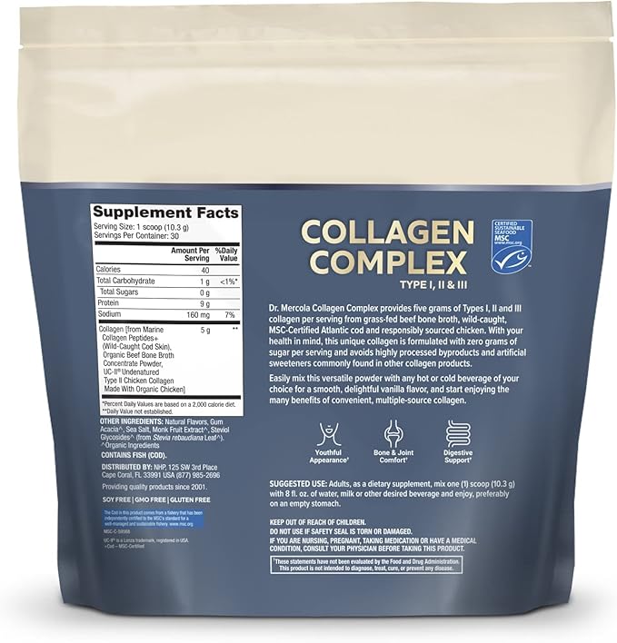 Dr. Mercola Collagen Complex Powder - Supports Skin Elasticity & Tissue Health - Multi-Source Collagen Types I, II & III - Non-GMO, Gluten-Free & Soy-Free - 10.89 oz (30 Servings) - Vanilla