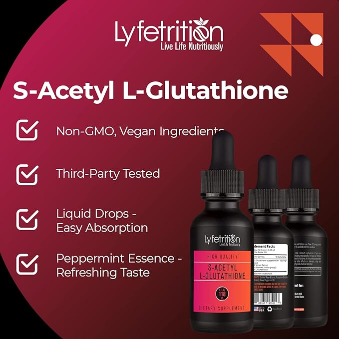 Lyfetrition S-Acetyl L-Glutathione 98mg, 4 Oz Liquid, 220 Servings, Made in USA, Quick Absorption, Quality Potent Ingredients, Third-Party Tested, Non-GMO, GMP Certified, Cruelty-Free Products