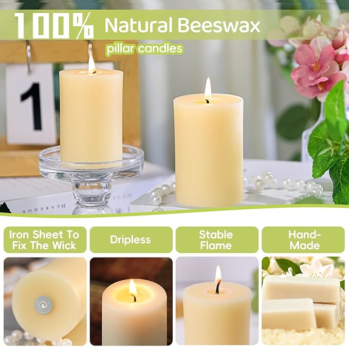 3 Pack Beeswax Pillar Candles,Ivory White Beeswax Candles-105 Hours Long Burning,Unscented Bees Wax Candles for Home,Prayer,Emergency,Dripless Smokeless Organic Pillar Candles 2x3in