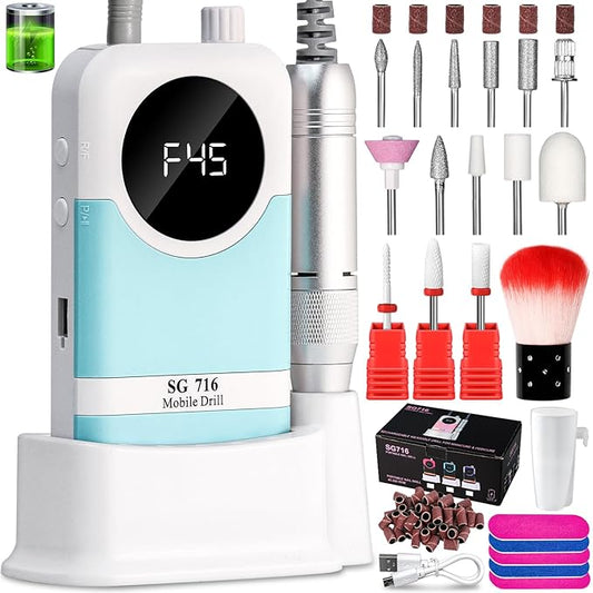 LIMEGIRL Professional Electric Nail Drill Kit 45000RPM Portable Cordless Toenail Cordless Toenail Machine with 14 Drill Bits and Base for Women (Blue)