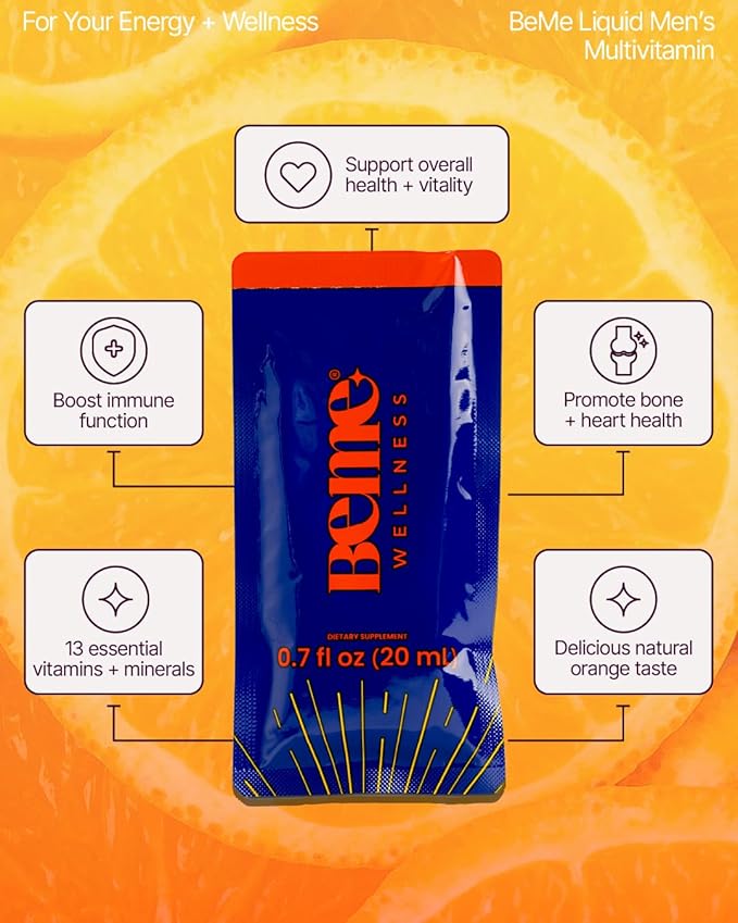 BeMe Be Vitalized Liquid Multivitamin - Daily Liquid Vitamins & Minerals, A, B-Complex, C, D, E, K, Calcium, Zinc, Magnesium, Health & Wellness Supplement Drink (30 Count (Pack of 1), Orange - Men)