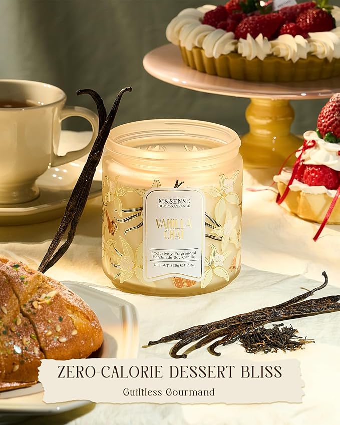 M&SENSE Vanilla Chai Scented Candle, 11.6oz Natural Soy Wax, 70 Hours Long Lasting Clean Burn, Holiday Jar Candle for Home Decor, Non-Toxic Relaxing Aromatherapy Gifts for Women