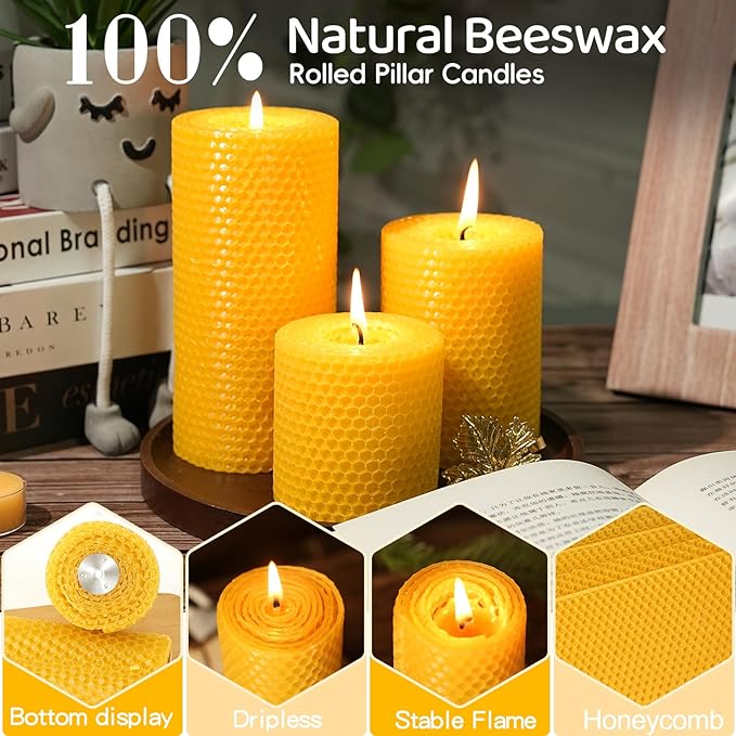 Hand-Rolled Beeswax Candles,2.8x3in-3PCS,All Natural Honeycomb Beeswax Pillar Candles,72 Hours Long Burning Bees Wax Candles for Home,Dripless Smokeless Unscented Honeycomb Pillar Candle