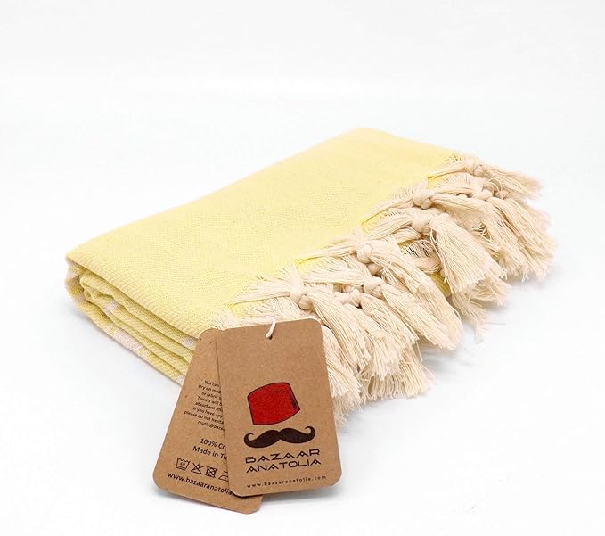 Bazaar Anatolia Turkish Beach Towel – 100% Cotton, Quick Dry, Sand Free Towel for Bathroom, Camping, Travel – Oversized 71x39 Inches – Stripe Yellow
