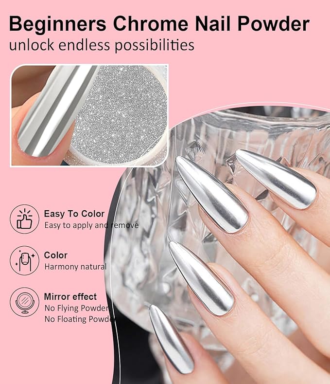 Gold Chrome Nail Powder 24K Mirror Effect BISHENGYF - Pink Gold Nail Chrome Powder Aurora Mermaid Mirror Effect POwder, White Pearl Iridescent Holographic Metallic Pigment Dust for NAil Art Decoration