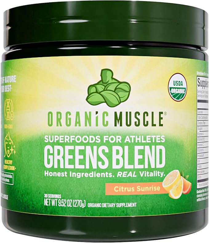 Organic Muscle Super Greens Powder Organic Superfood Powder with Probiotics, Spirulina, Chlorella, and Matcha| Non-GMO, 30 Servings