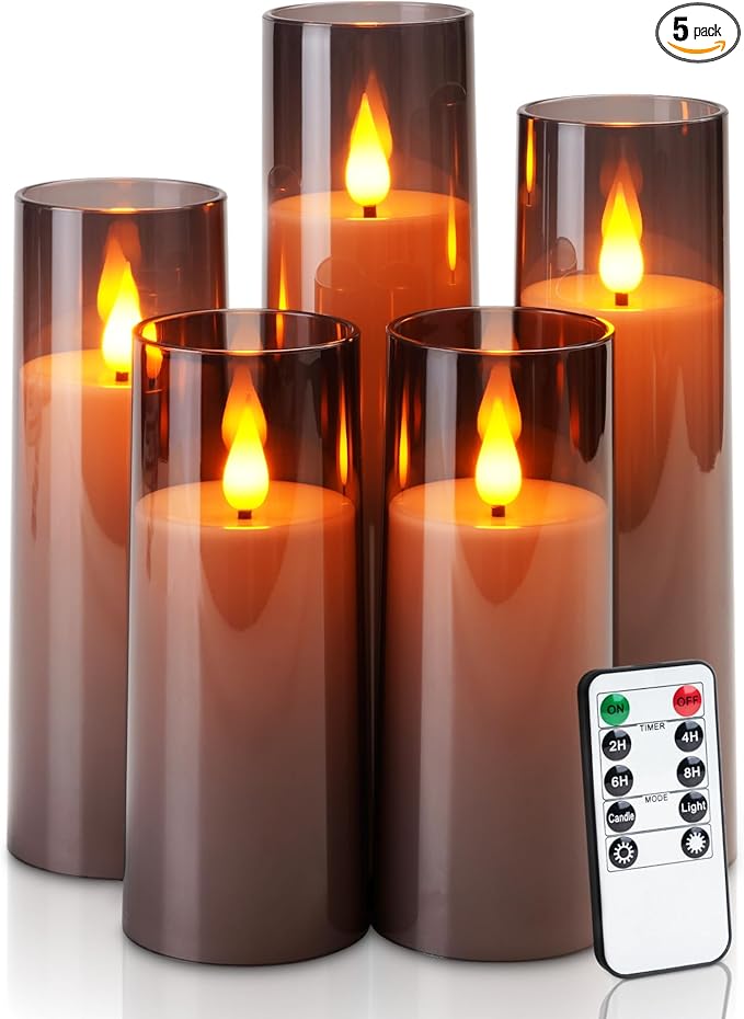 Amagic Grey Flameless Candles with Remote, Flickering Battery Operated Candles with Timer, Acrylic LED Fake Candle for Halloween Home Decor, 3D Wick, D2.2 xH5 5" 6" 7" 8", Set of 5