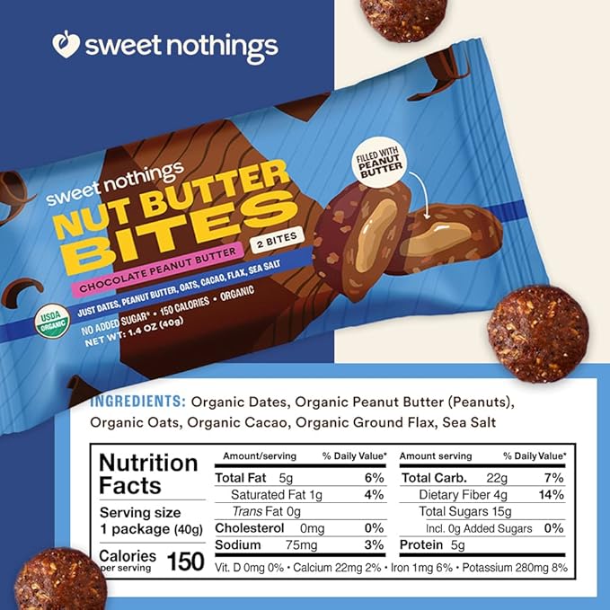 Sweet Nothings, Variety Pack: Chocolate, Apple Cinnamon, and Oatmeal Raisin, USDA Organic Nut Butter Bites Protein 6-2 Bite Value Packs (2 of each flavor) - No Added Sugar, Good Source of Fiber, Only 7 Ingredients