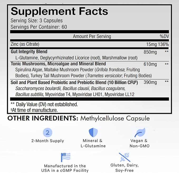 Codeage Gut Health Supplements Vegan Formula - L Glutamine, Zinc, Turkey Tail Mushroom Powder, Tonic Mushroom, Maitake, Micro Algae, Mineral, Licorice Root DGL - Probiotics, Prebiotics - 180 Capsules