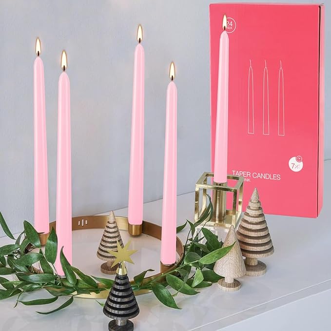 24 Pack Pink Taper Candles, 7-8 Hours Burn Time, Unscented, Smokeless and Dripless, 0.75 x 10 Inch Dinner Candle Set for Valentine's Day,Household, Wedding, Party and Home Décor Candlesticks