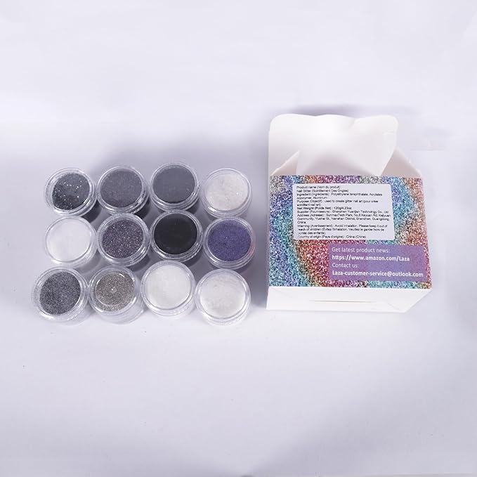 Laza 12 Colors Nail Glitter Powder Shining Sugar Effect Glitter Black White Dust Sand Powder Candy Coat Manicure Nail Art Decoration for Nail Art Tips Decoration DIY Crafts