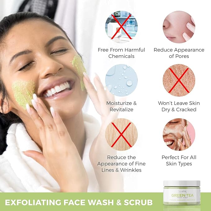 Teami Green Tea Mask + Face Scrub Skincare Bundle - Deep Cleansing Pore Minimizer & Blackhead Remover Detox Facial Mask (6.3oz) + Natural Exfoliating Body Scrub & Face Scrub (4oz)