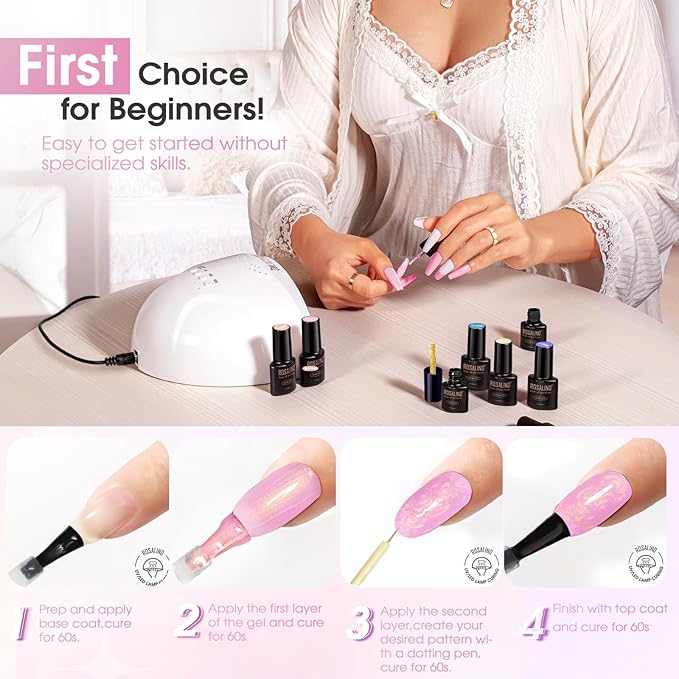 ROSALIND Pearl Gel Nail Polish - 12 Colors Pearlescent Shell Gel Polish Set with Dotting Pen Shell Swirl Thread Effect Soak Off UV Set Shimmer Nail Art Collection Manicure Gift for Women