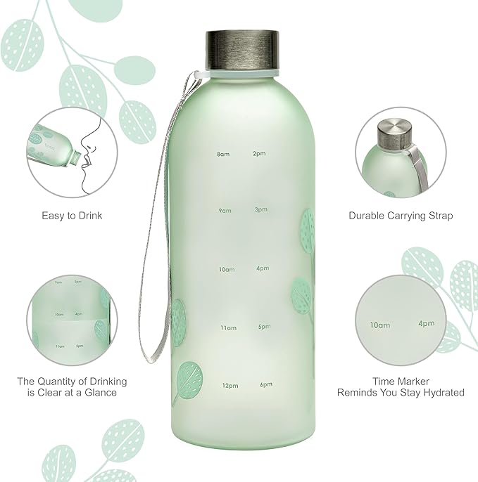 bzyoo 32oz 1 Liter Clear Water Bottle with Time Marker, Leaf Design, Durable Plastic, BPA-Free, Reusable with Measurement Markings for Fitness and Outdoor Activities (Color: Green)