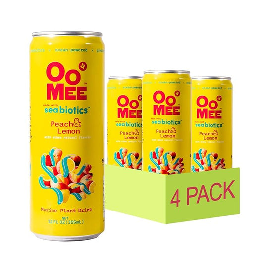 OoMee Prebiotic Beverage - Vegan, Sustainable Marine Sourced Prebiotics, Support Digestive Health, Plant-Based, Low Sugar (4 Pack, Peach & Lemon)