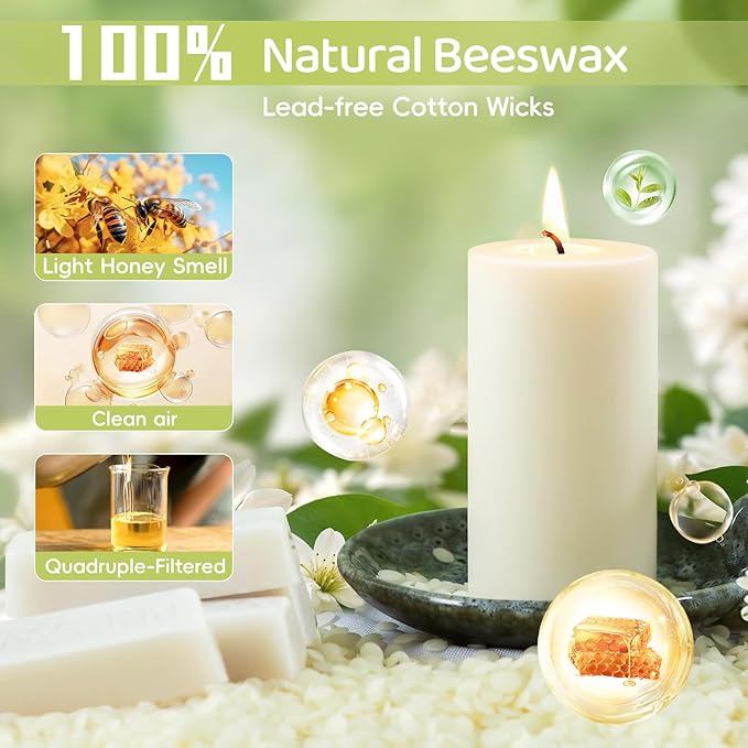 Natural Beeswax Pillar Candles,100% Pure Beeswax Candles-258 Hours Long Burning,Off-White Unscented Bees Wax Candles for Home,Prayer,Dripless Smokeless Organic Pillar Candles Bulk-2x4in-6 Pack