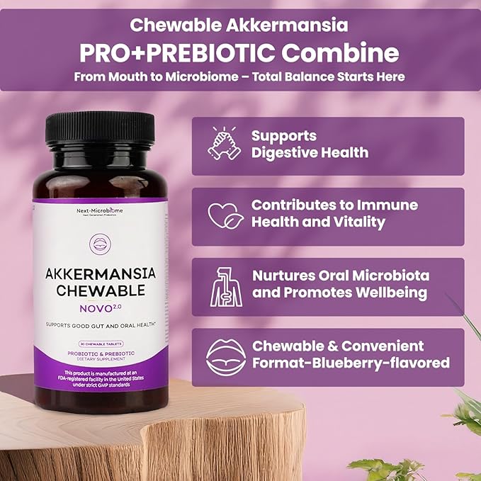 Chewable Akkermansia Probiotic and Prebiotic Supplement NOVO 2.0 with HMO, Supports Gut and Oral Microbiome, Supplements for Digestive Health and Skin Vitality, Targeted Delivery, 30 Tablets