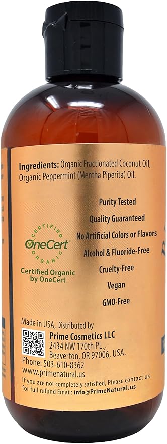 PRIME NATURAL Oil Pulling with Organic Coconut & Organic Peppermint Oil 8oz | Cocomint | Natural Oral Care & Teeth Whitening | Alcohol Free Mouthwash Freshens Breath, Healthier Teeth & Gums