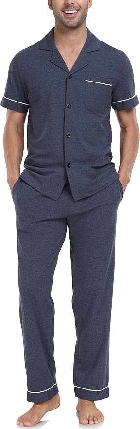 COLORFULLEAF Men's 100% Cotton Pajamas Set Button Down Sleepwear Short Sleeve and Long Pants Pjs