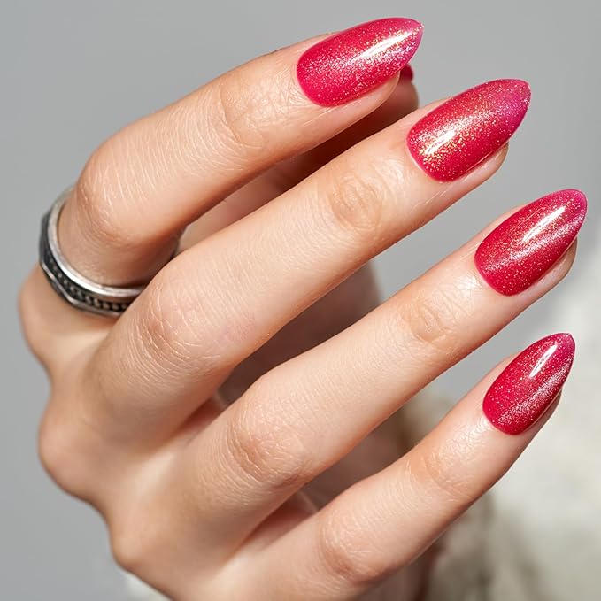 GLAMERMAID Hot Pink Magnet Line Cat Eyes Press on Nails Short Almond, Handmade Glitter Gel Fake Nail Kit, Ombre Glitter Magnetic Glue on Nail Stiletto, Medium Oval Stick on False Nail Set for Women