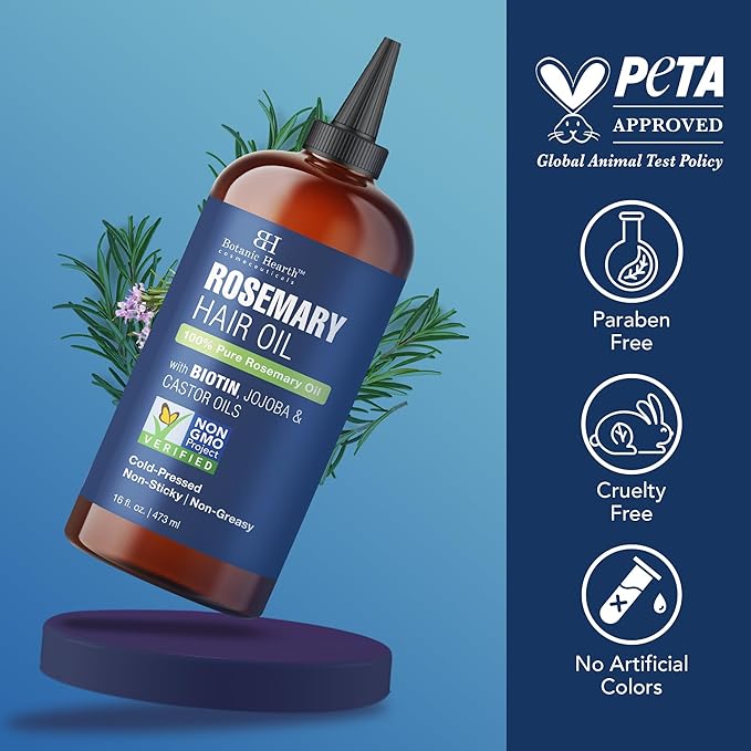 Botanic Hearth 100% Pure Rosemary Oil For Hair Growth | Infused with Biotin, Jojoba & Castor Oil | Hair Oil Repairs Dry Damaged Hair, Strengthening, Healthier - Hair Tonic, 16.0 fl oz