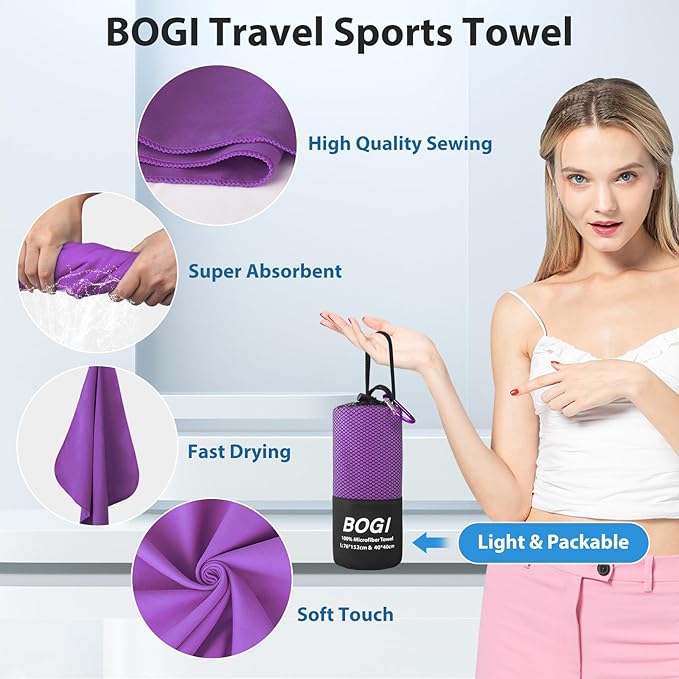 BOGI Microfiber Travel Sports Towel-Quick Dry, Soft Lightweight, Absorbent, Compact Towel for Camping Gym Beach Bath Yoga Swimming Backpacking (M:40''x20''-Purple)