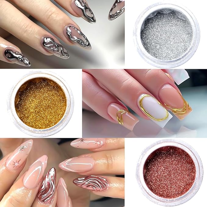 Chrome Nail Powder Metallic Gold And Silver, Magic Mirror Effect Pigment Glitter Rubbing Dust, 3D Carving Nail Molding Gel & Holographic Dip Nail Powder Kit for Nail Decor Home Manicure DIY