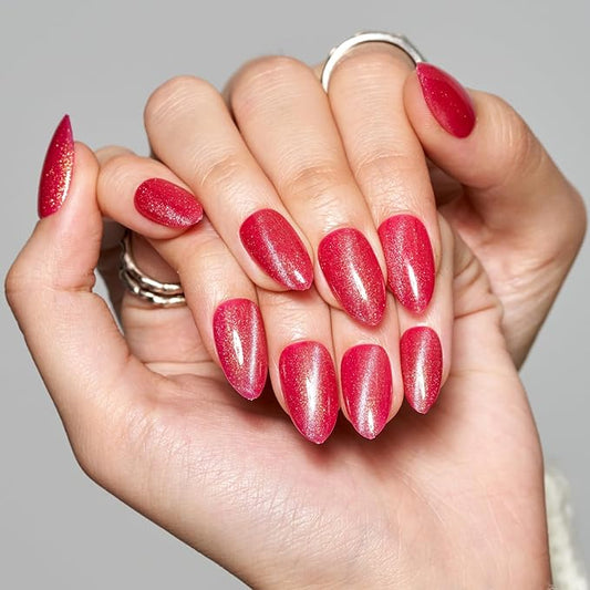 GLAMERMAID Hot Pink Magnet Line Cat Eyes Press on Nails Short Almond, Handmade Glitter Gel Fake Nail Kit, Ombre Glitter Magnetic Glue on Nail Stiletto, Medium Oval Stick on False Nail Set for Women