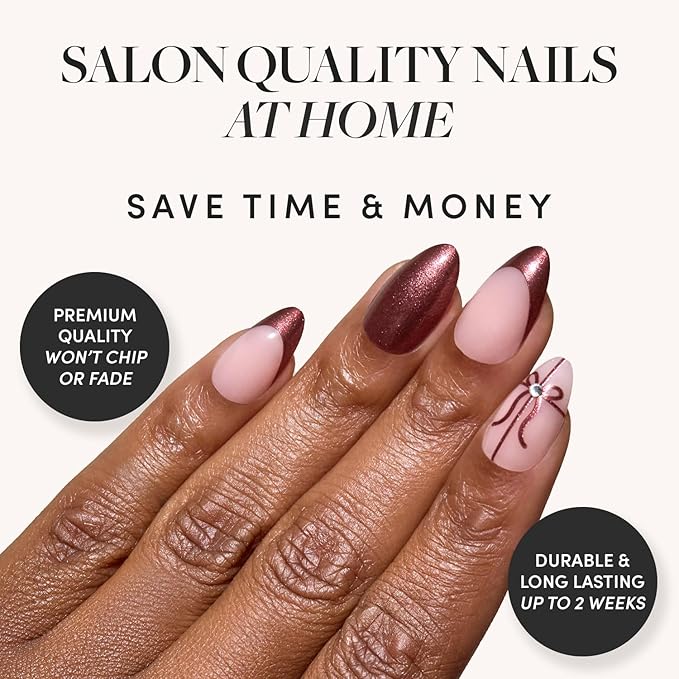 Glamnetic Press On Nails - She's A Gift | Short Almond Fake Nails in Burgundy Chrome with French Tips and Ribbon Designs with 3D Gems, Salon Quality Holiday Nails | 15 Sizes - 30 Nail Kit with Glue