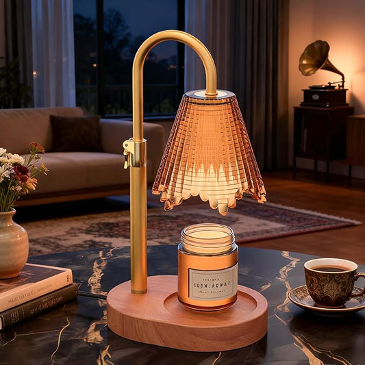 Candle Warmer Lamp with Adjustable Height - Flameless 4-Level Dimmable Wax Warmer with Colorful Glass Shade & Wooden Base, Timer Function & Stylish Design in Multiple Colors (Brown)