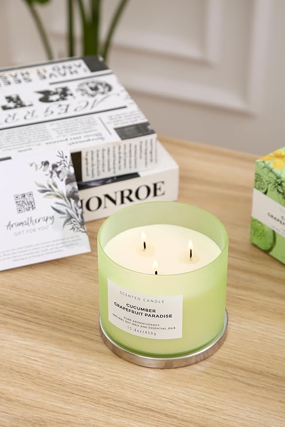 Cucumber Grapefruit Paradise 3-Wick Scented Candle | Large Soy Candle for Home 15.8 oz | Fresh Fruity Citrus Summer Aromatherapy Candle, Long Lasting Stress Relief & Relaxation Candles for Men & Women