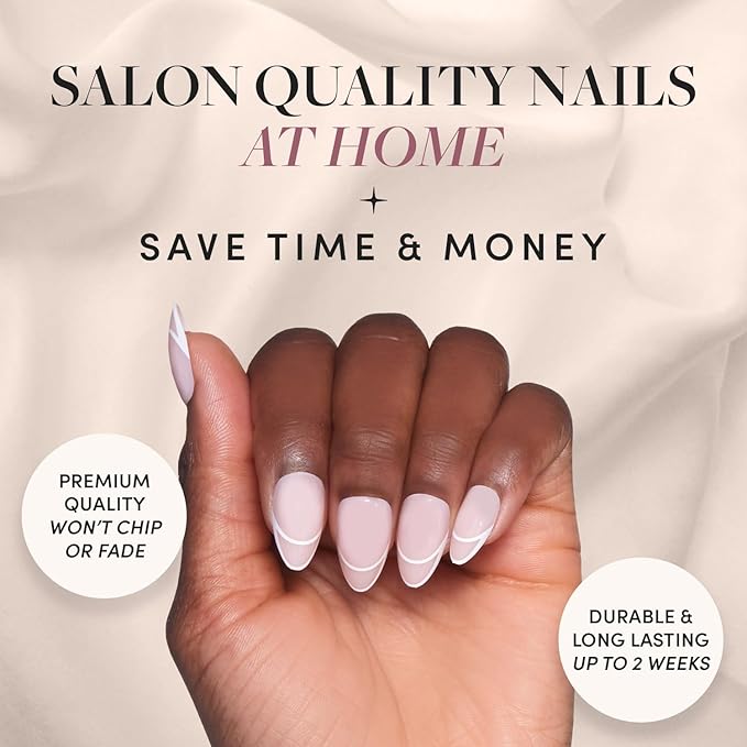 Glamnetic Press On Nails - Heavenly | Semi-Transparent Neutral Nude Trendy French Tip Short Almond Fake Nails, Salon Quality | 15 Sizes - 30 Nail Kit