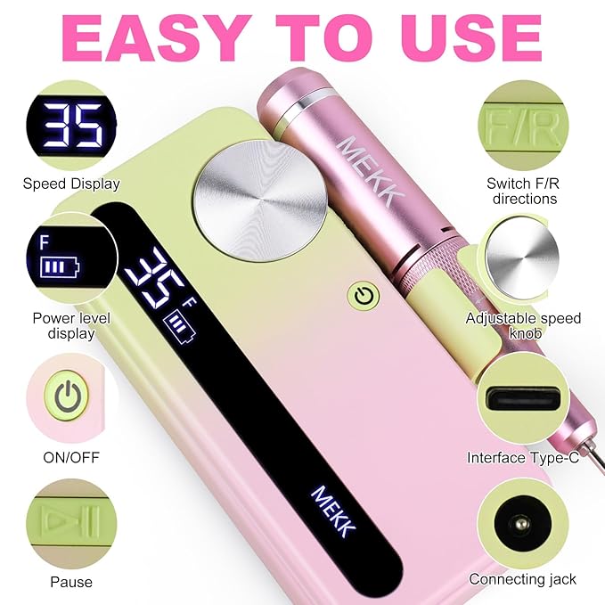 MEKK Nail Drill Kit,35000RPM Electric Nail Drill Professional Electric Nail File with 12PCS Bits,Anti-Shaking Cordless E Filer for Nails,Home & Salon(Pink-Green)