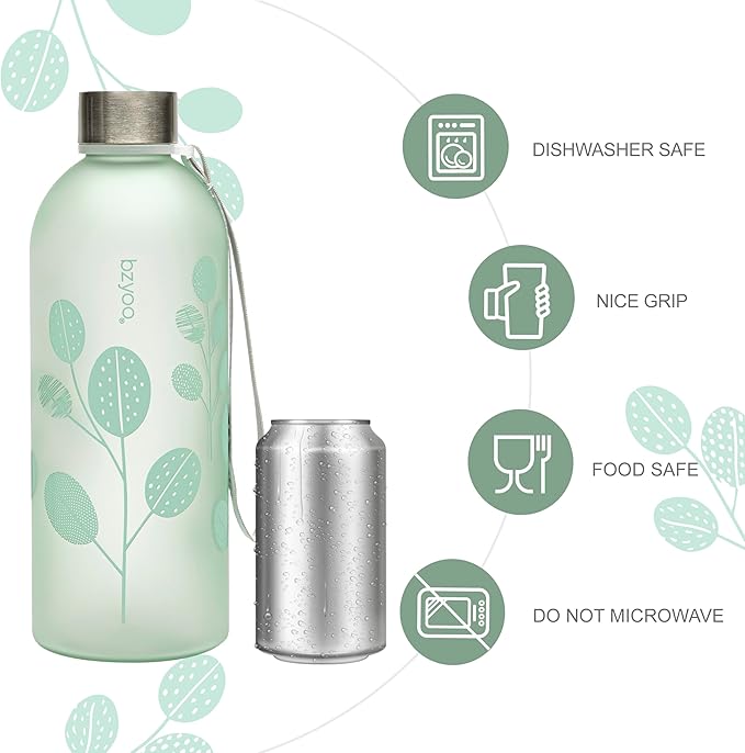 bzyoo 32oz 1 Liter Clear Water Bottle with Time Marker, Leaf Design, Durable Plastic, BPA-Free, Reusable with Measurement Markings for Fitness and Outdoor Activities (Color: Green)