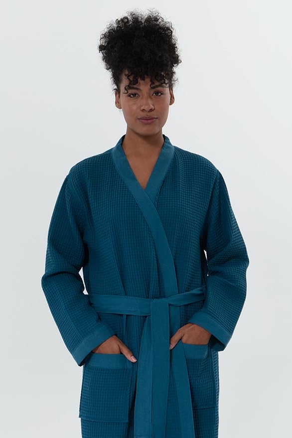SEYANTE Women’s Luxury Waffle Shawl Collar, Hooded Robe w Piping – Lightweight, Long, Ultra Soft Spa Sleepwear Bathrobe