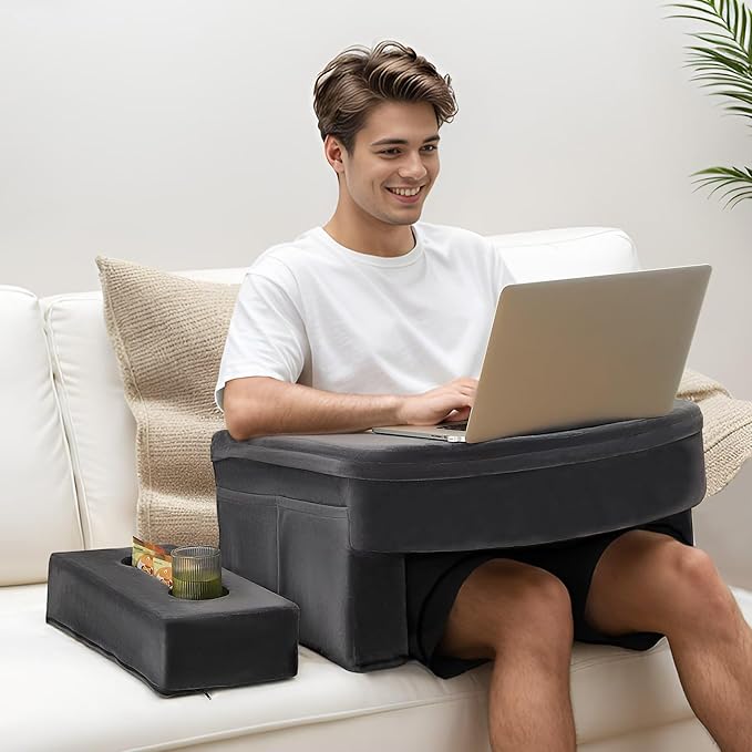 Reading Pillow & Gaming Pillow for Lap, Lap Desk Pillow for Gaming with Coaster, Soft Arm Rest Pillow for Adult, Memory Foam Rest Pillows for Reading, Working, Sitting in Floor Sofa, Grey