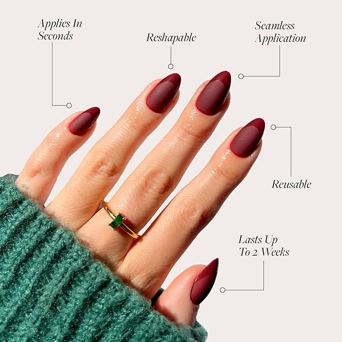 Glamnetic Press On Nails - Merlot | Matte Short Almond Dark Red Nails with Glossy French Tips | 15 Sizes - 30 Nail Kit with Glue
