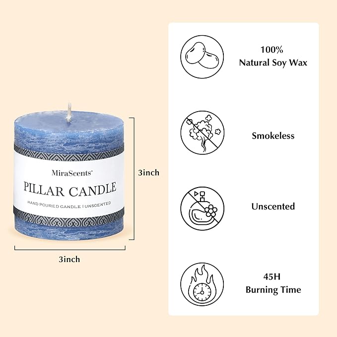 3x3 Inch Blue Pillar Candles Set of 3 - Hand-Poured Unscented Candle, Long Clean Burning, Large Big Candles, Smokeless Dripless Candle for Dinner Table, Wedding, Home, Bathroom, Rustic Decor