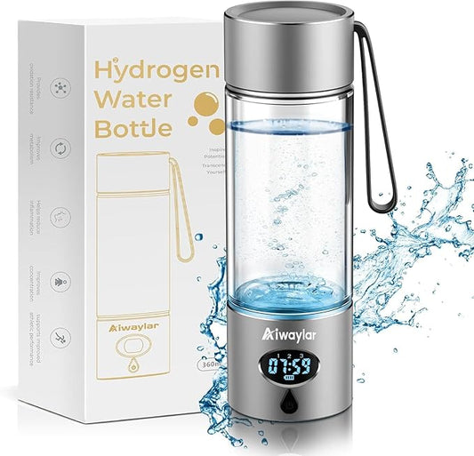 Hydrogen Water Bottle - Portable, Rechargeable, LED Timer,3 Work Mode, Aluminum and Glass,360ML,Hydrogen Water Ionizer Machine with PEM/SPE Technology, Suitable for Office,Home,Gym Outdoor