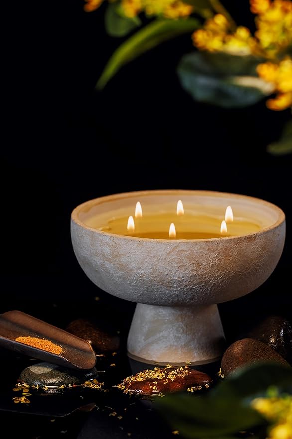 BLUEME Osmanthus & Sandalwood, Luxury Candle w/Essential Oils, 6 Wick, Hand-Poured Soy, Cotton Wick, Ceramic