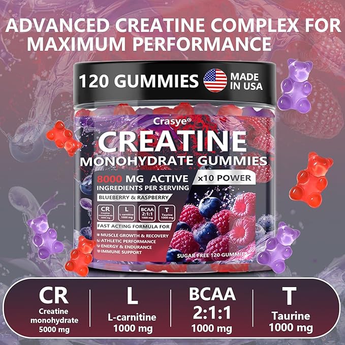 Creatine Gummies Complex 8000mg for Men and Women Creatine Monohydrate Gummy with BCAA Taurine for Muscle Strength and Energy Boost Sugar Free Pre-Workout Supplement - 120 Gummies