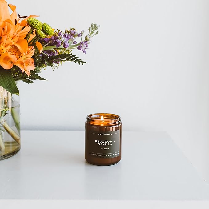 Calyan Wax Co. Soy Wax Candle, Redwood + Vanilla Scented Candle, 57 Hour Burn Time, Aromatherapy Soy Candles, Non Toxic & Vegan Soy Wax, Amber Glass Jar Scented Candles, 7.2oz
