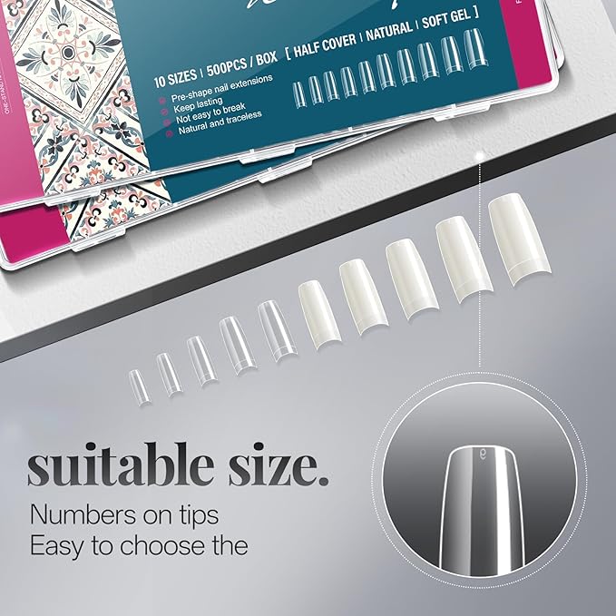 krofaue Nail Tips Lady French Style Acrylic Artificial Half Cover False Nail Tips with Box Ideal for Salons and Home DIY Manicure,10 Sizes,1000PCS (Natural and Clear)