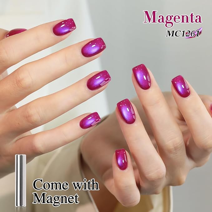 Double Rhythm 0.5 OZ Cat Eye Gel Polish with Magnet 15ML Holographic Glitter Shimmer Translucent Jelly Color Magnetic Nail Polish Salon DIY at Home (Red Purple-MC1261)